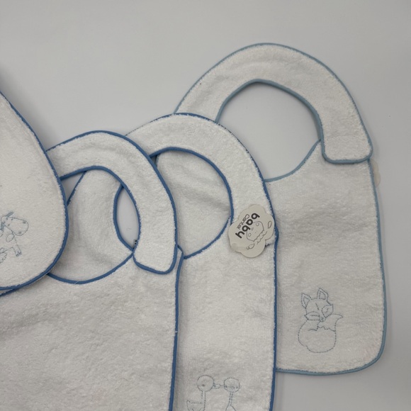 Baby Cantel Terry Bibs & Burp Cloth Set of 5 White Blue Trim Embroidered Animals - Picture 5 of 9